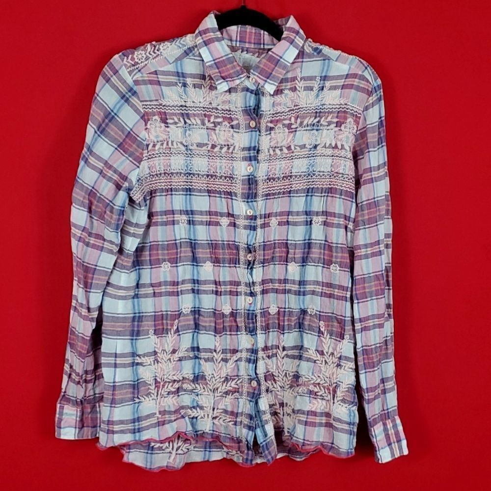Johnny Was Blue and Pink Plaid Embroidered Button-Down Shirt